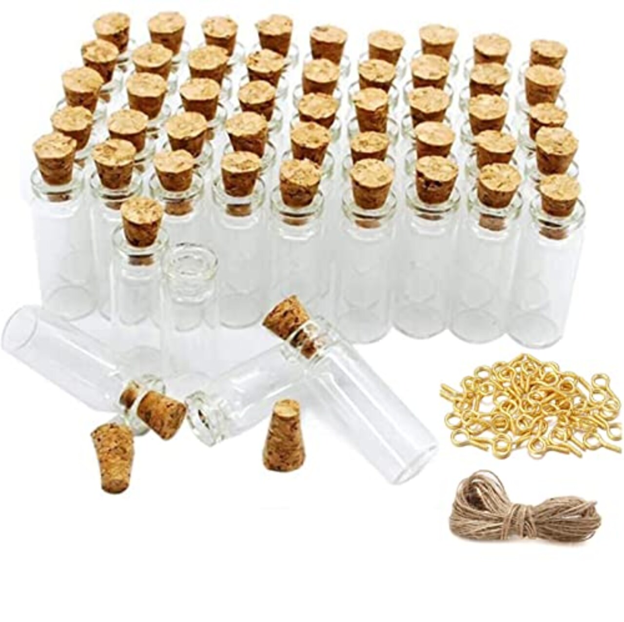 100 Pcs 2ml Mini Small Glass Bottles with Cork Stoppers 20 Meters Twines Tiny Jars Mini Tall Vials Clear Mini Vials with Eye Screws Corked Bottles DIY Arts Crafts Decoration Party Favors Gift